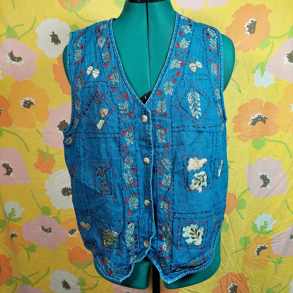 Vintage Bobbie Brooks 90s Embroidered Denim Vest Blue Cotton Nature Medium
